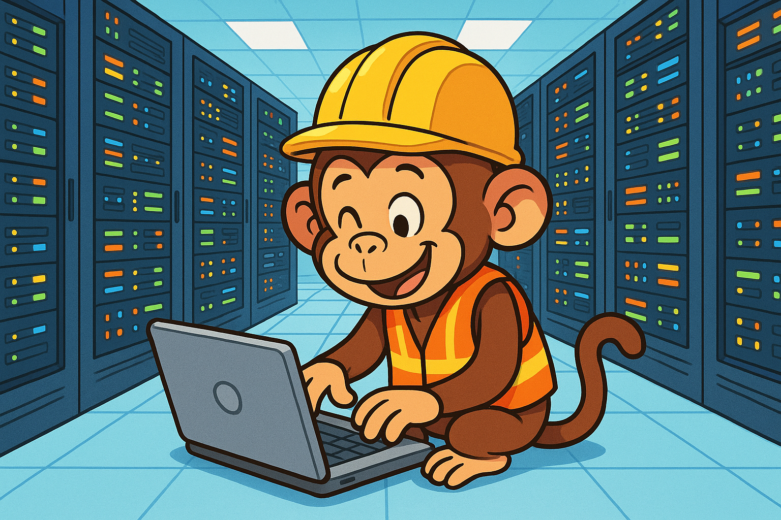 Cartoon monkey working in a datacenter